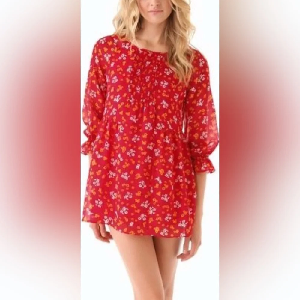 Free People Mini Dress Babydoll Red Floral Seersucker Chiffon Smocked Bodice 4 👍